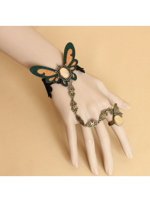 Fashion Retro Personality Brown Butterfly Black Lace Female Bracelet With Ring One Chain