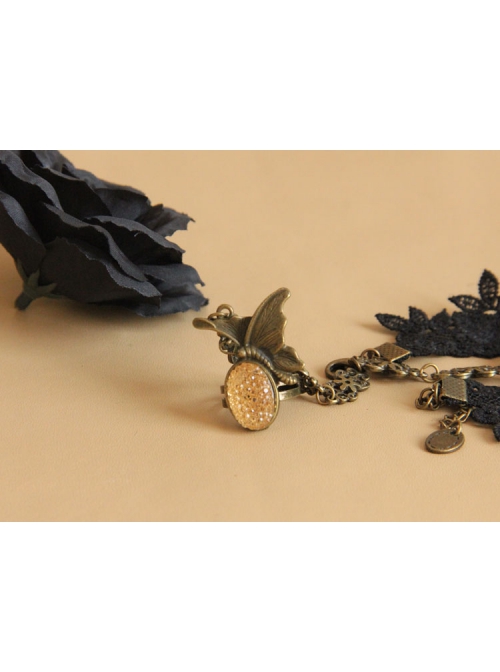 Fashion Retro Personality Brown Butterfly Black Lace Female Bracelet With Ring One Chain