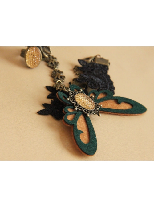 Fashion Retro Personality Brown Butterfly Black Lace Female Bracelet With Ring One Chain