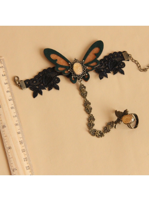 Fashion Retro Personality Brown Butterfly Black Lace Female Bracelet With Ring One Chain