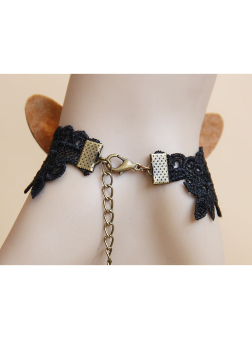 Fashion Retro Personality Brown Butterfly Black Lace Female Bracelet With Ring One Chain