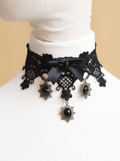Retro Cute Fashion Lolita Black Bow Lace Gemstone Female Choker