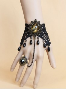 Gothic Retro Fashion Vampire Black Lace Leopard Print Drop Pearl Female Bracelet With Ring One Chain