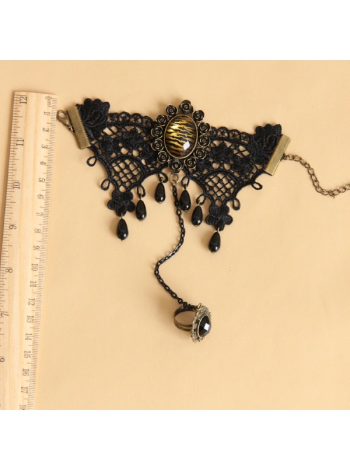 Gothic Retro Fashion Vampire Black Lace Leopard Print Drop Pearl Female Bracelet With Ring One Chain