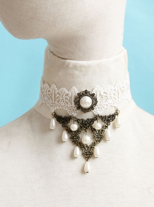 Baroque Retro Fashion White Pearl Lace Bride Female Choker