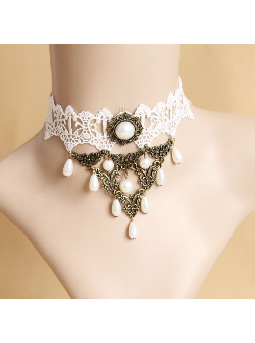Baroque Retro Fashion White Pearl Lace Bride Female Choker
