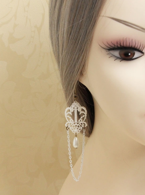 Vintage Baroque Bride Fashion White Lace Artificial Pearl Tassel Long Female Earrings