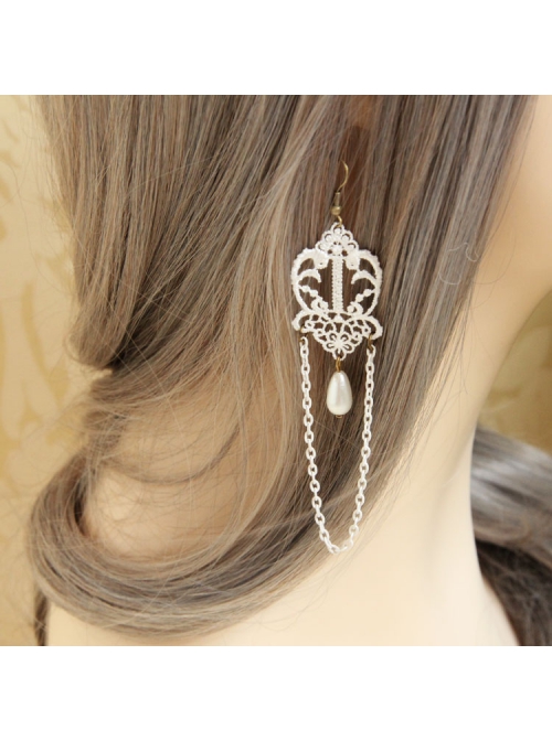Vintage Baroque Bride Fashion White Lace Artificial Pearl Tassel Long Female Earrings