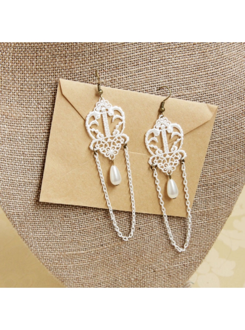Vintage Baroque Bride Fashion White Lace Artificial Pearl Tassel Long Female Earrings