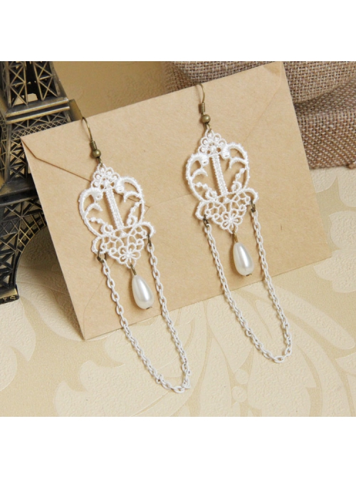 Vintage Baroque Bride Fashion White Lace Artificial Pearl Tassel Long Female Earrings