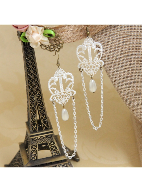 Vintage Baroque Bride Fashion White Lace Artificial Pearl Tassel Long Female Earrings