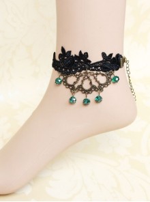 Fashion Exaggerated Retro Gothic Black Lace Flower Green Artificial Crystal Female Anklet