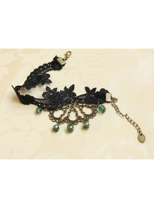 Fashion Exaggerated Retro Gothic Black Lace Flower Green Artificial Crystal Female Anklet