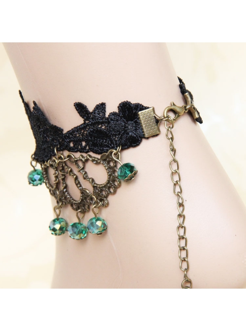 Fashion Exaggerated Retro Gothic Black Lace Flower Green Artificial Crystal Female Anklet