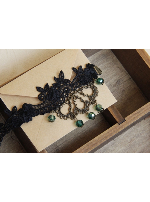 Fashion Exaggerated Retro Gothic Black Lace Flower Green Artificial Crystal Female Anklet