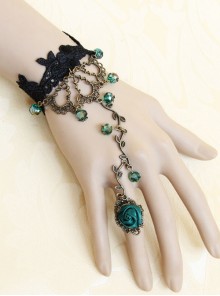 Retro Fashion Personality Black Lace Green Artificial Crystal Rose Flower Female Bracelet With Ring One Chain