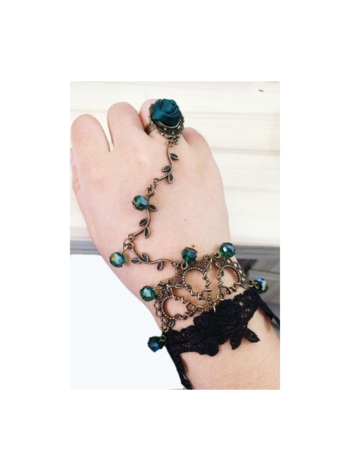 Retro Fashion Personality Black Lace Green Artificial Crystal Rose Flower Female Bracelet With Ring One Chain