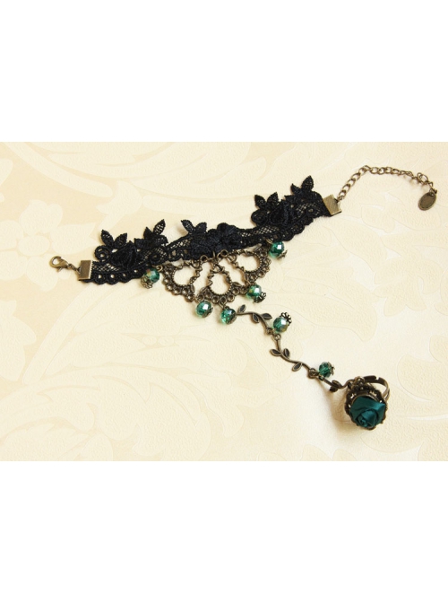 Retro Fashion Personality Black Lace Green Artificial Crystal Rose Flower Female Bracelet With Ring One Chain
