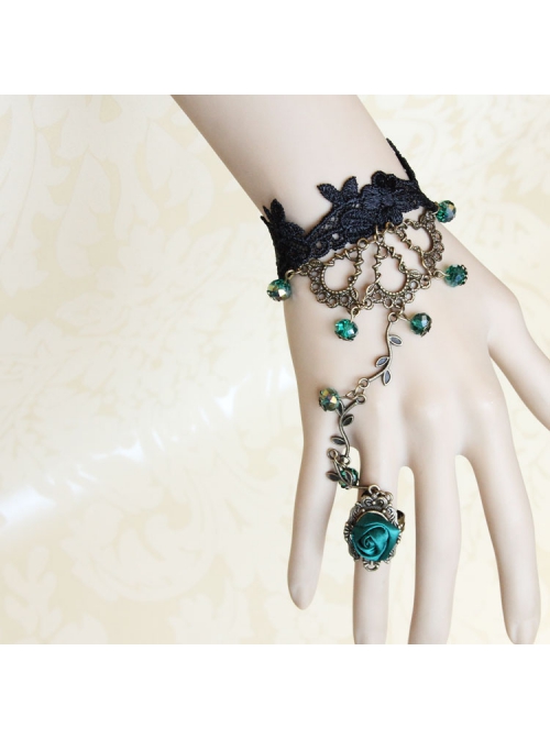 Retro Fashion Personality Black Lace Green Artificial Crystal Rose Flower Female Bracelet With Ring One Chain