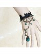 Retro Fashion Personality Black Lace Green Artificial Crystal Rose Flower Female Bracelet With Ring One Chain