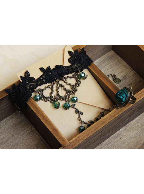 Retro Fashion Personality Black Lace Green Artificial Crystal Rose Flower Female Bracelet With Ring One Chain