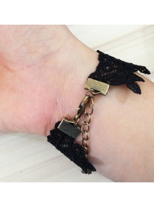 Retro Fashion Personality Black Lace Green Artificial Crystal Rose Flower Female Bracelet With Ring One Chain