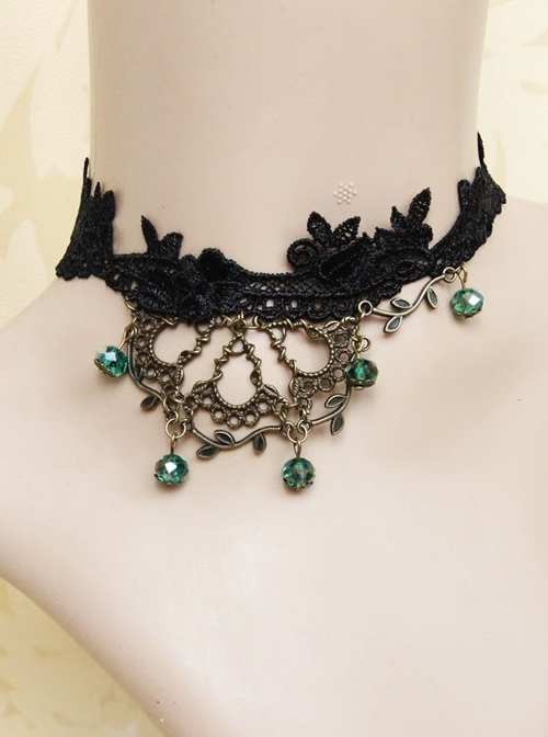 Exaggerated Gothic Retro Fashion Black Lace Green Artificial Crystal Women Short Necklace
