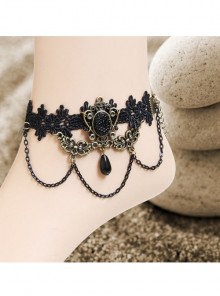 Gothic Rococo Palace Retro Fashion Handmade Black Lace Tassel Drop Pearl Female Anklet