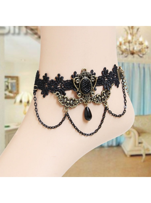 Gothic Rococo Palace Retro Fashion Handmade Black Lace Tassel Drop Pearl Female Anklet