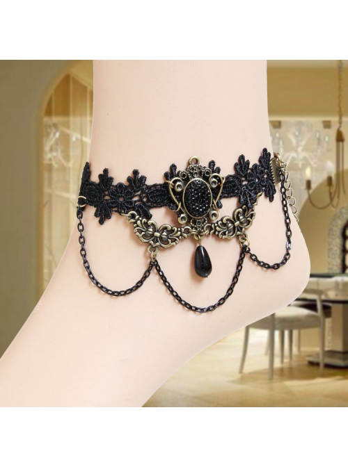 Gothic Rococo Palace Retro Fashion Handmade Black Lace Tassel Drop Pearl Female Anklet