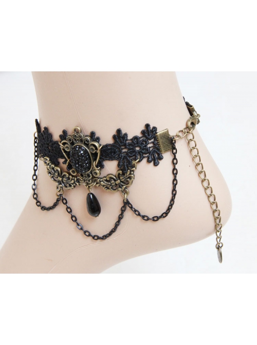 Gothic Rococo Palace Retro Fashion Handmade Black Lace Tassel Drop Pearl Female Anklet
