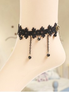 Gothic Court Retro Fashion Black Tassel Lace Artificial Crystal Female Anklet