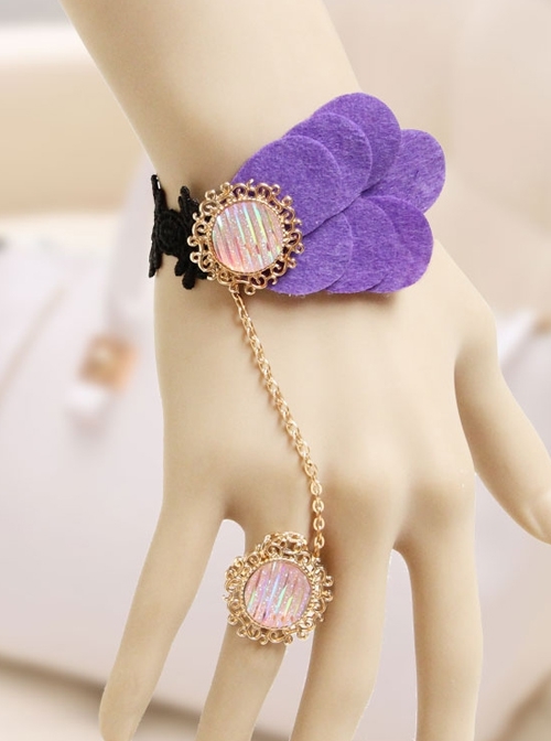 Fashion Retro Purple Petals Black Lace Female Bracelet With Ring One Chain