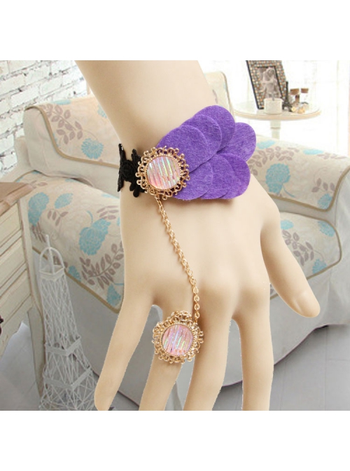 Fashion Retro Purple Petals Black Lace Female Bracelet With Ring One Chain
