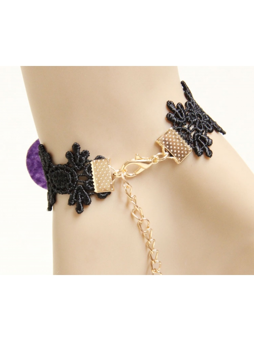 Fashion Retro Purple Petals Black Lace Female Bracelet With Ring One Chain