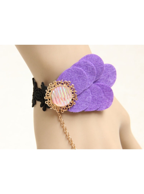 Fashion Retro Purple Petals Black Lace Female Bracelet With Ring One Chain