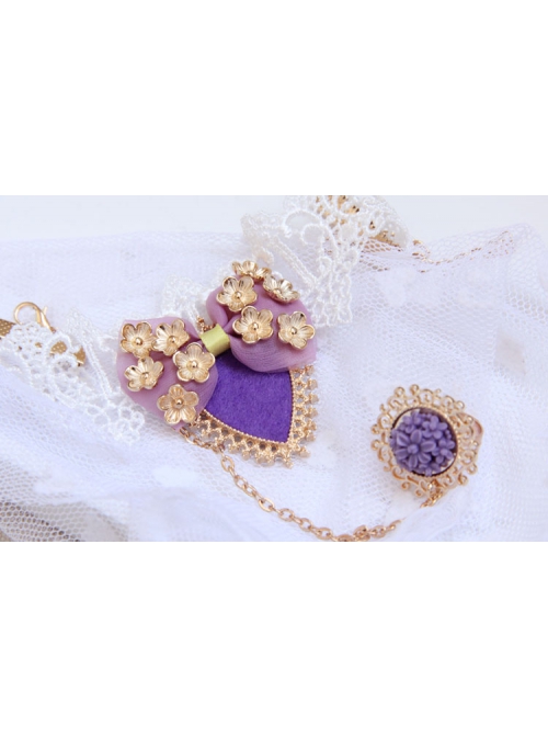 Palace Retro Fashion Handmade Purple Bow Flower White Lace Female Bracelet With Ring One Chain