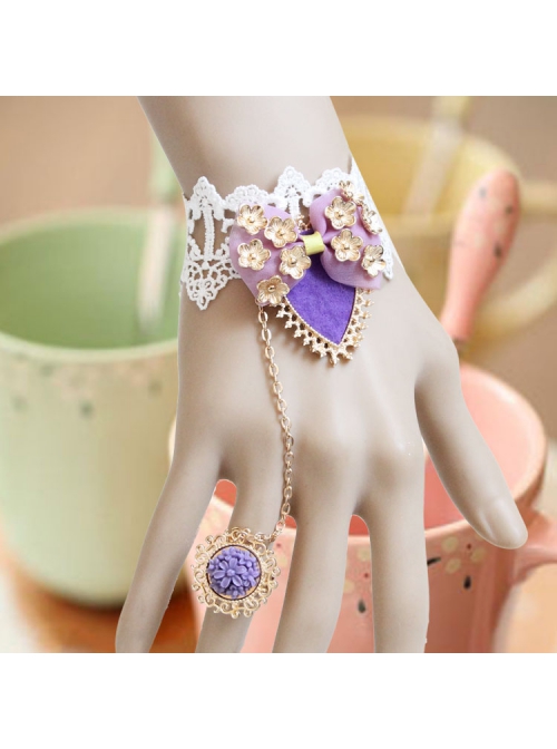 Palace Retro Fashion Handmade Purple Bow Flower White Lace Female Bracelet With Ring One Chain