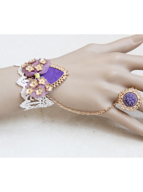 Palace Retro Fashion Handmade Purple Bow Flower White Lace Female Bracelet With Ring One Chain