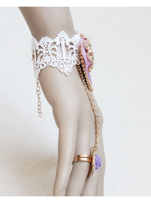 Palace Retro Fashion Handmade Purple Bow Flower White Lace Female Bracelet With Ring One Chain