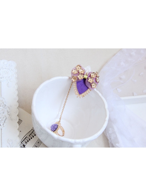 Palace Retro Fashion Handmade Purple Bow Flower White Lace Female Bracelet With Ring One Chain