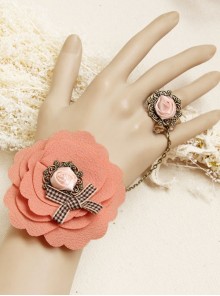Travel Retro Fashion Bow Pink Rose Flower Hemp Rope Female Bracelet With Ring One Chain