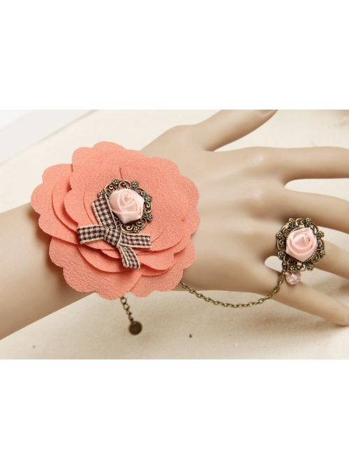 Travel Retro Fashion Bow Pink Rose Flower Hemp Rope Female Bracelet With Ring One Chain