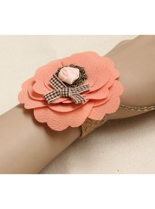 Travel Retro Fashion Bow Pink Rose Flower Hemp Rope Female Bracelet With Ring One Chain