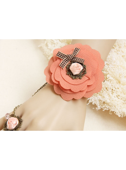 Travel Retro Fashion Bow Pink Rose Flower Hemp Rope Female Bracelet With Ring One Chain