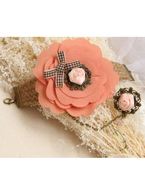 Travel Retro Fashion Bow Pink Rose Flower Hemp Rope Female Bracelet With Ring One Chain