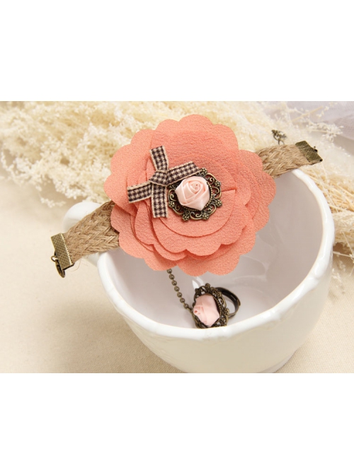 Travel Retro Fashion Bow Pink Rose Flower Hemp Rope Female Bracelet With Ring One Chain