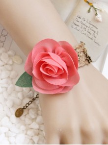 Fashion Pink Rose Flower Green Leaf Retro Hemp Rope Handmade Seaside Travel Female Bracelet