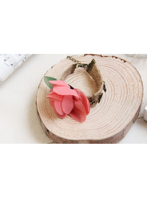 Fashion Pink Rose Flower Green Leaf Retro Hemp Rope Handmade Seaside Travel Female Bracelet