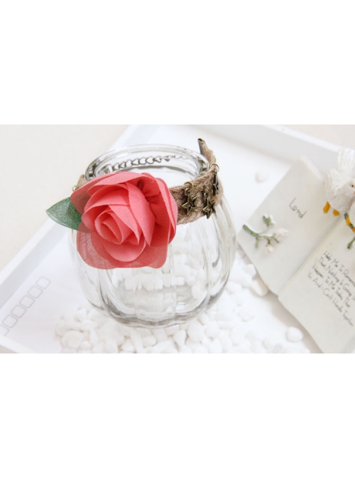 Fashion Pink Rose Flower Green Leaf Retro Hemp Rope Handmade Seaside Travel Female Bracelet